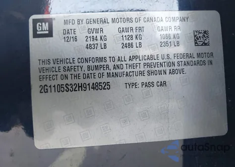 2017 Chevrolet Impala 1Lt z USA, uszkodzony, nr VIN 2G1105S32H9148525